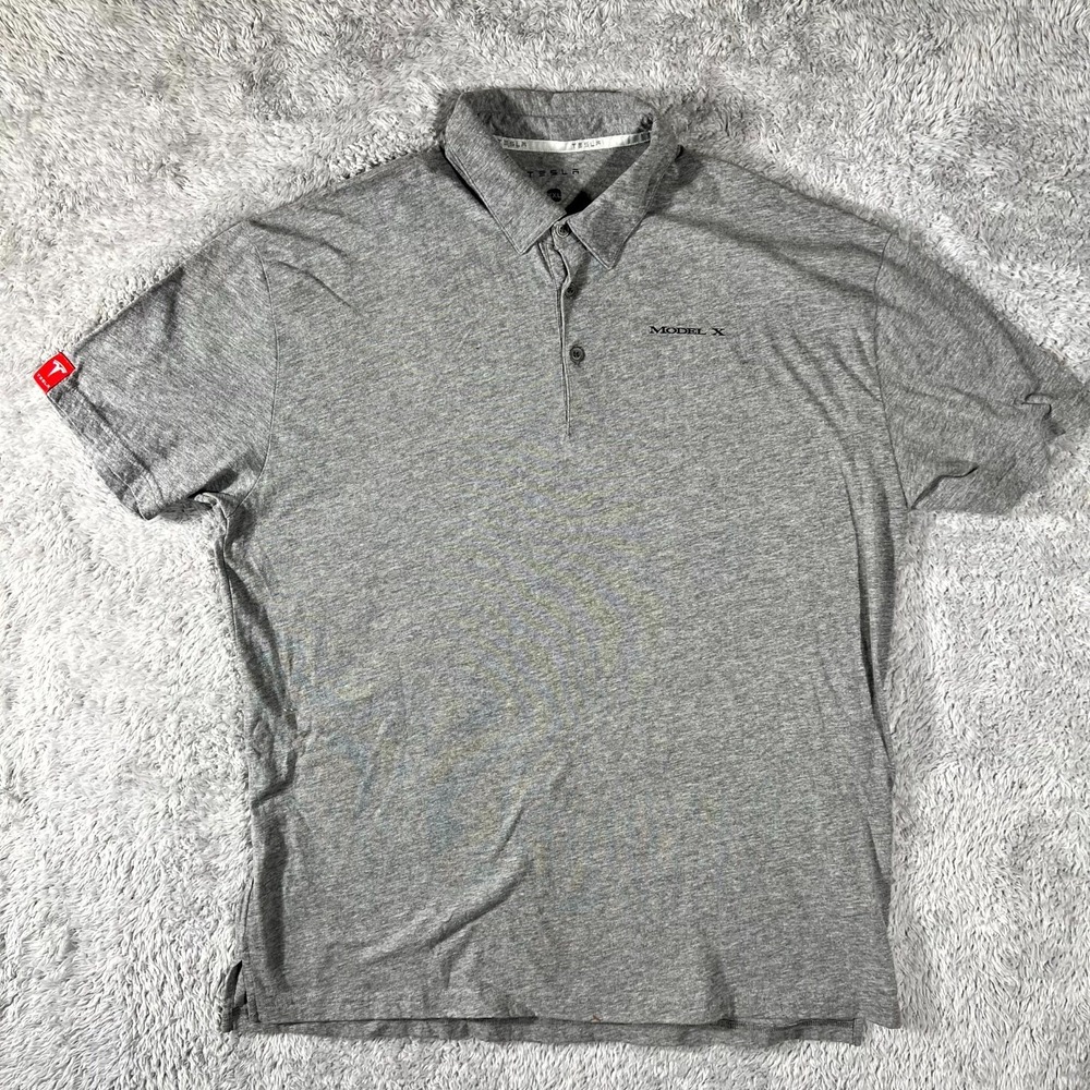 Tesla Model X Polo Shirt Mens 2XL Gray Cotton Side Slit Performance Golf Tennis